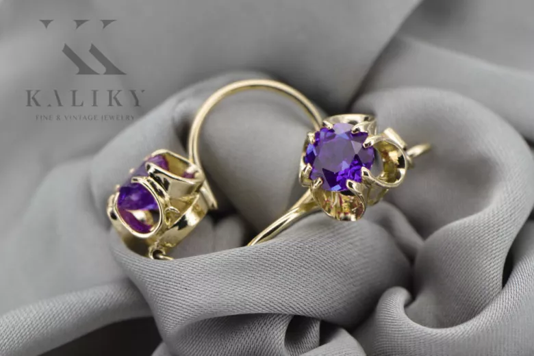 Or jaune 14 carats 14K (585) Alexandrite des boucles d'oreilles vec035y Russe Soviétique URSS Vintage Art Deco style